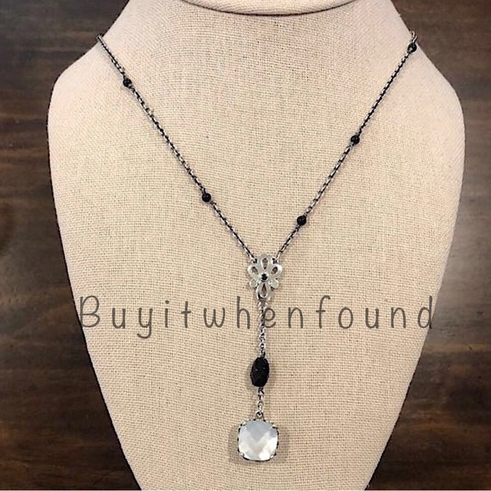 PANDORA Sincerity Sterling Silver Y Drop Mother of Pearl Onyx Station Necklace
